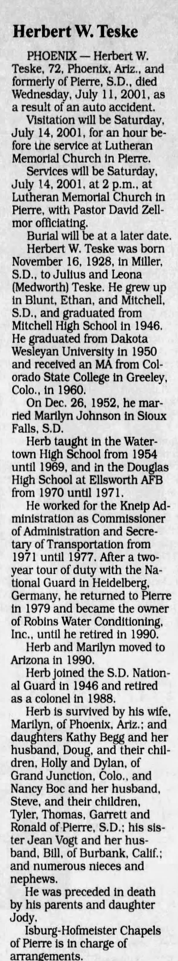 Obituary for Herbert W. Teske, 1928-2001 (Aged 72)